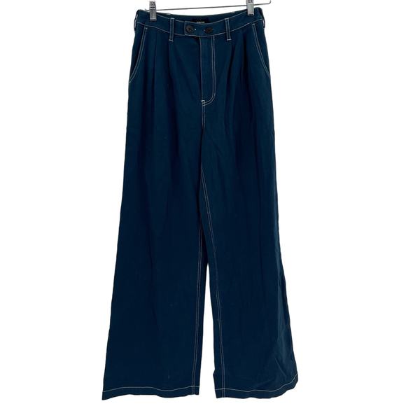 MONROW Cotton Twill Wide Leg Trousers Dark Denim High Rise Stretch Zip 28 NEW - Picture 5 of 13
